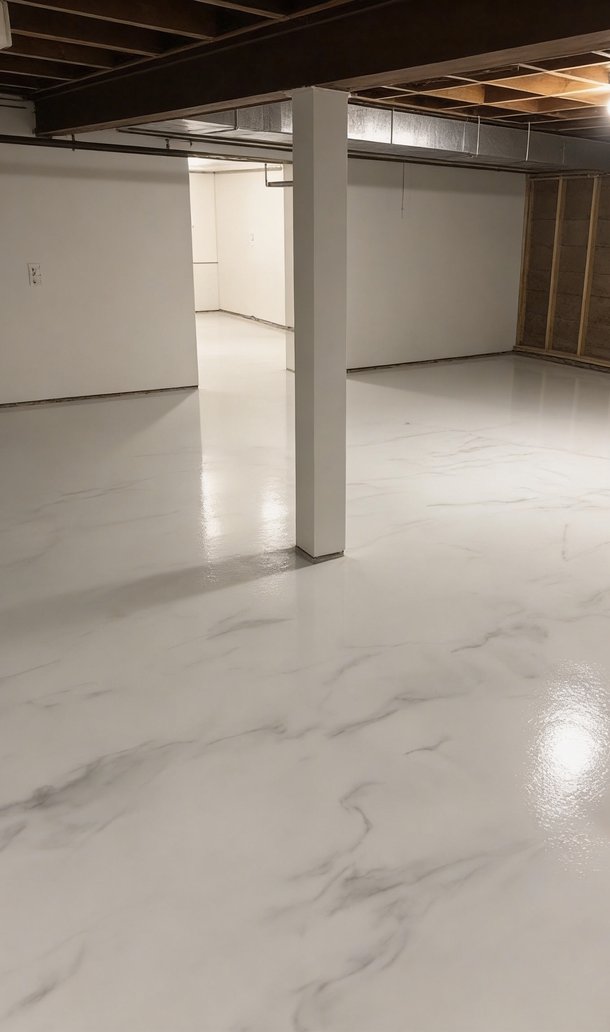 dark flake epoxy basement floor with TV and fireplace