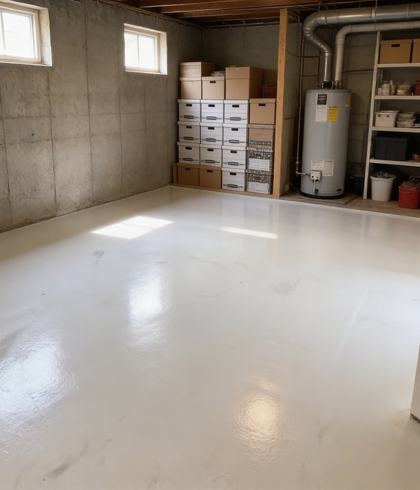 epoxy coated basement floor with storage