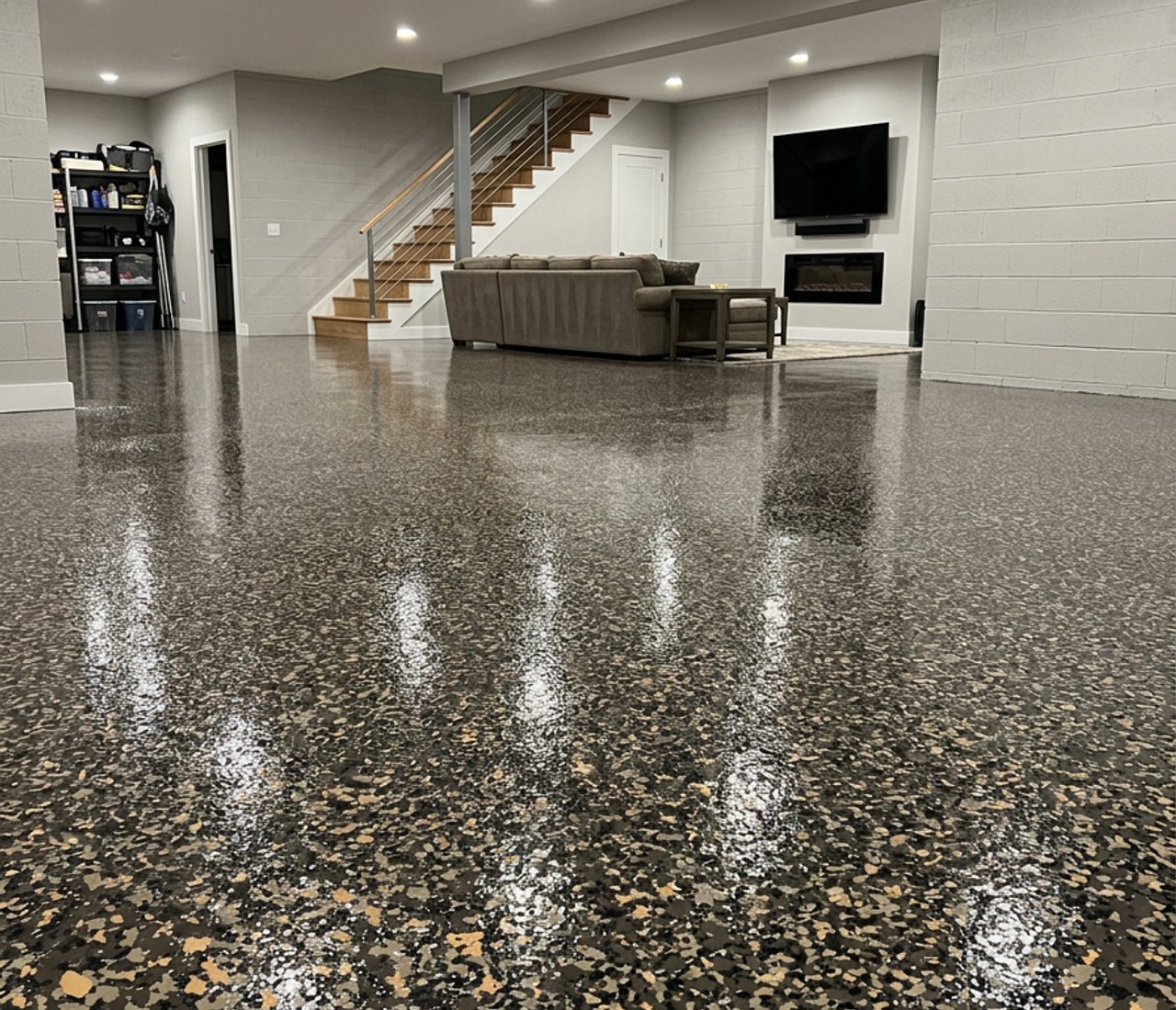epoxy floor coating in unfinished basement