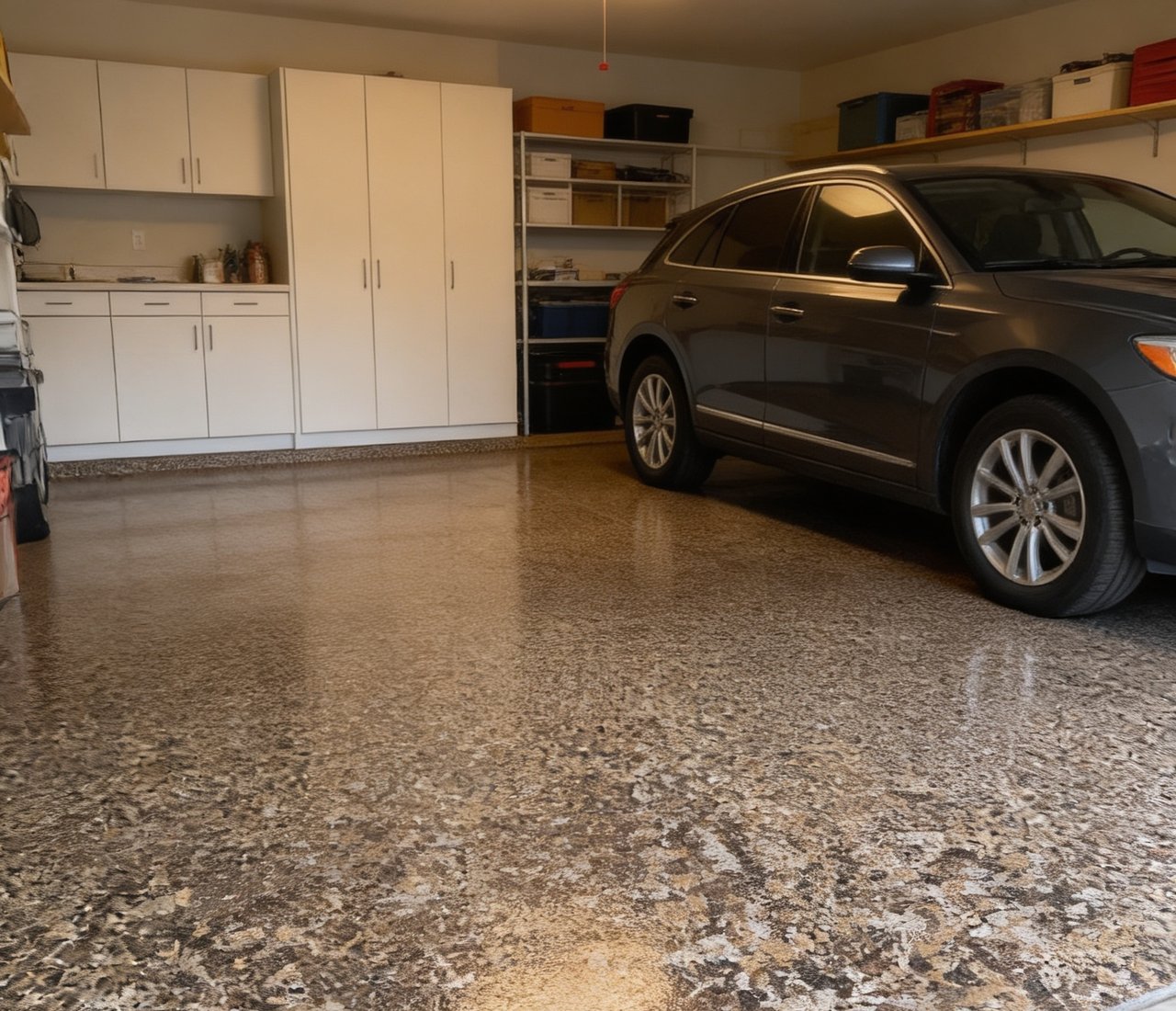 epoxy flake floor in residential garage with car